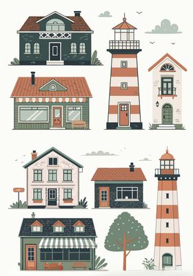可爱风房屋与灯塔插画