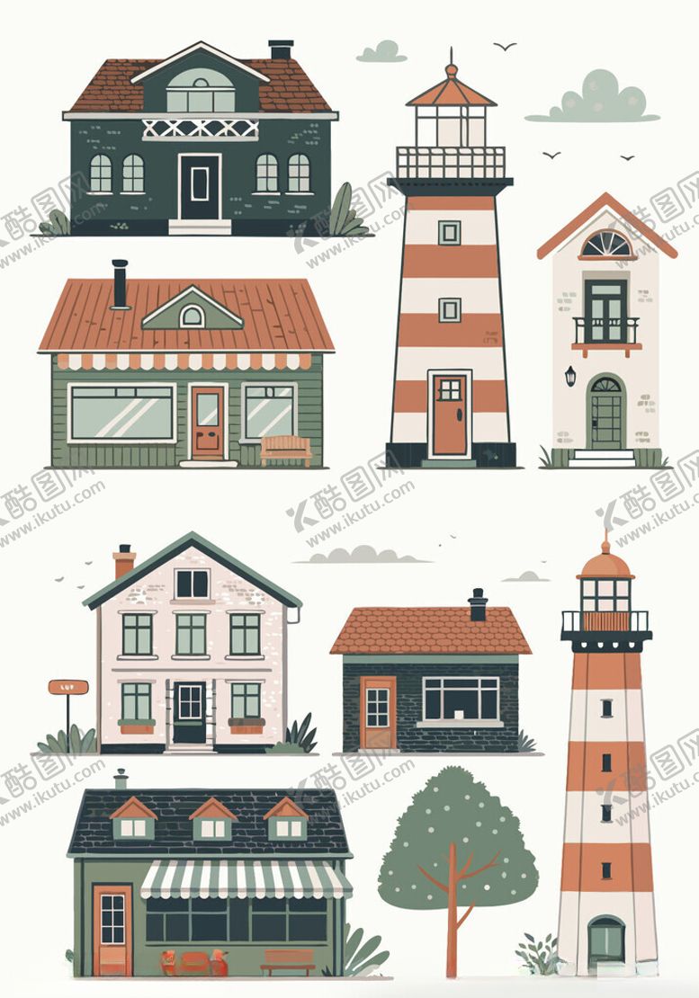 编号：84498404031426059183【酷图网】源文件下载-可爱风房屋与灯塔插画