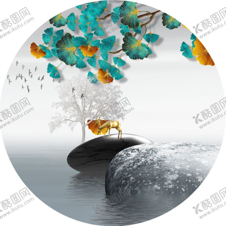 编号：60918509131814310954【酷图网】源文件下载-麋鹿树叶时尚风景画装饰画光影晶瓷画