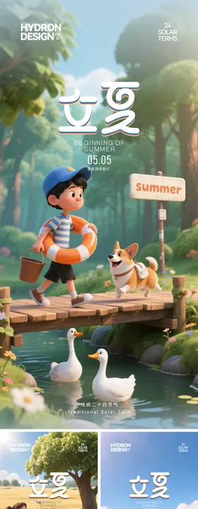 立夏节气3D卡通海报