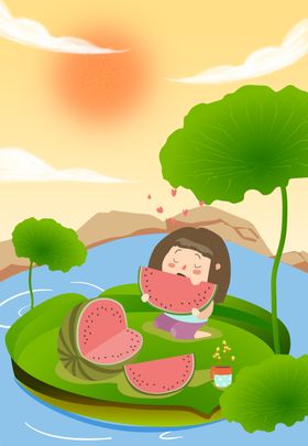 手绘一家人吃西瓜暑假野餐