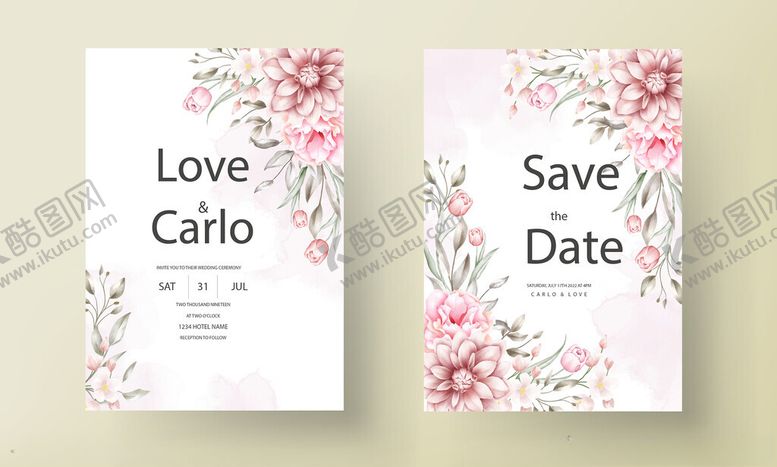 编号：71296511172038246739【酷图网】源文件下载-浪漫花卉婚礼请柬设计