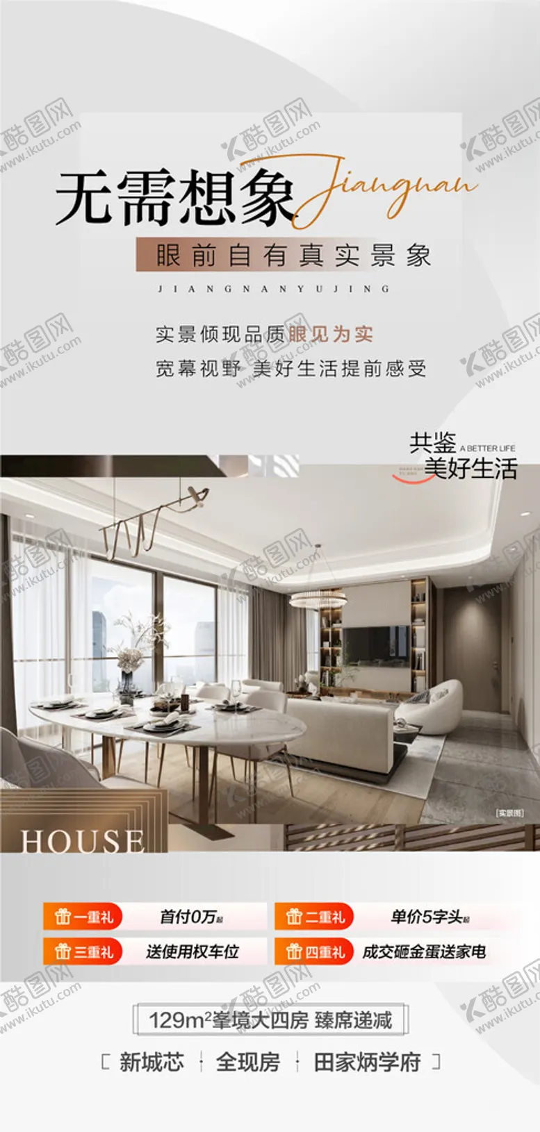编号：47235403051149439727【酷图网】源文件下载-城芯实景品质现房购房四重礼海报