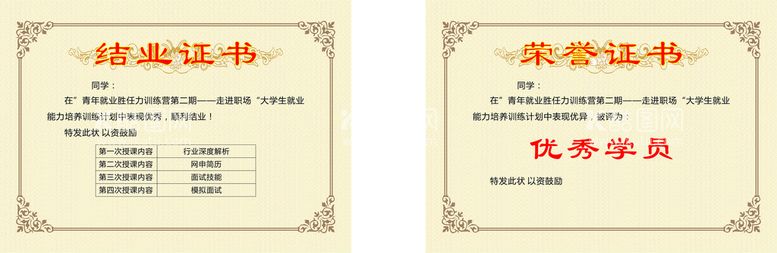 编号：85830810252215304355【酷图网】源文件下载-就业职场结业荣誉证书奖状