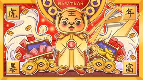 国潮插画虎年展架虎年布置虎年红包虎年海报
