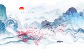 水墨山水小船意境背景墙