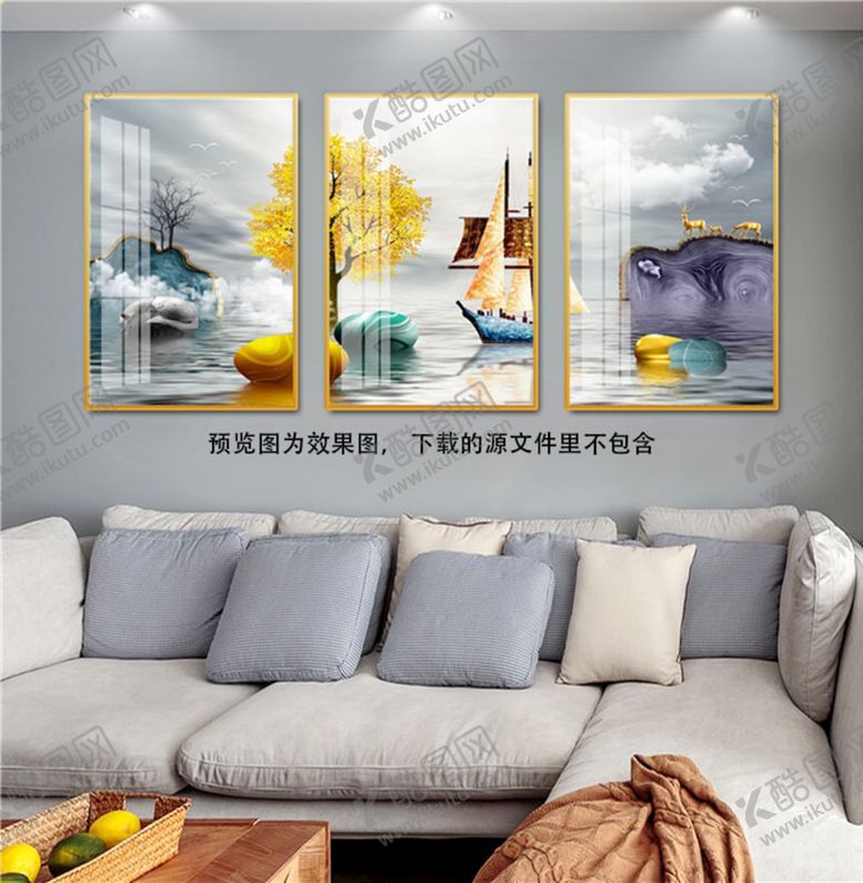 编号：26819509291121129084【酷图网】源文件下载-发财树湖泊美景三联挂画装饰画