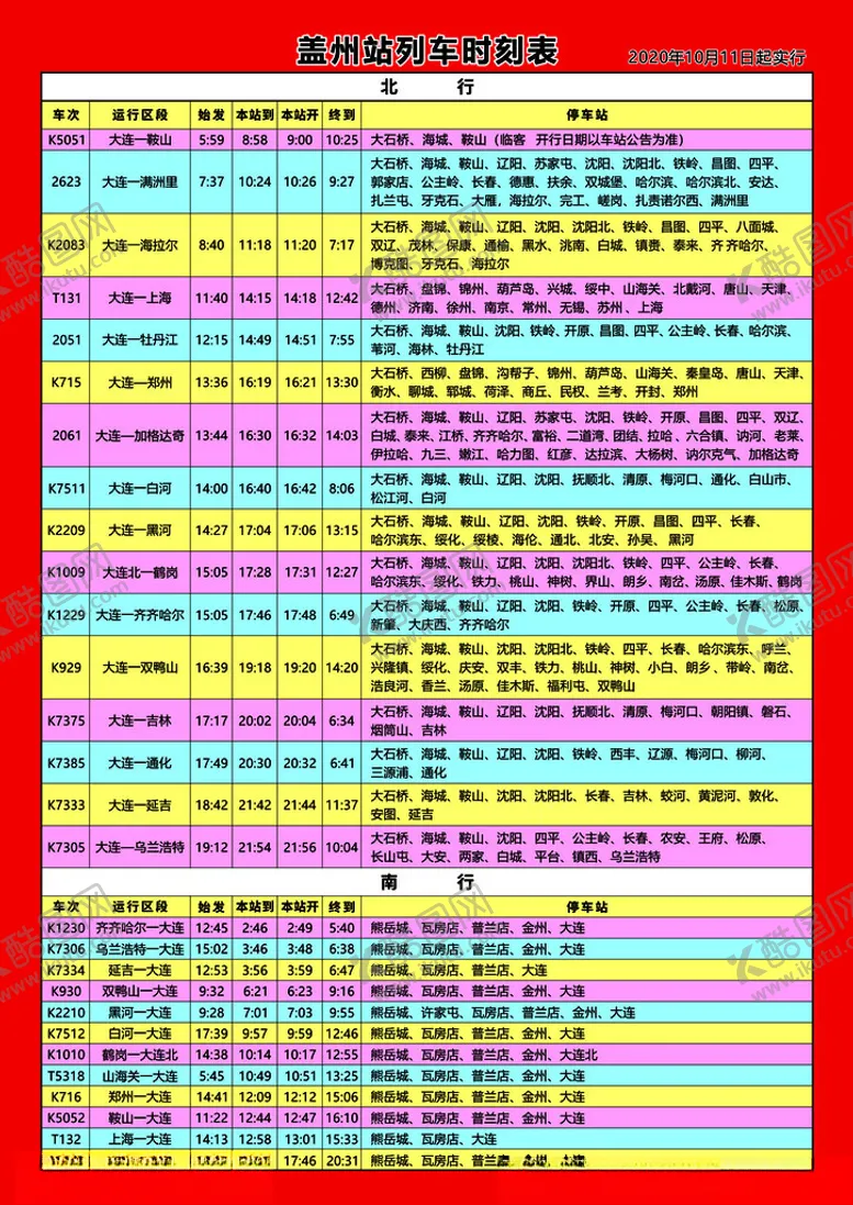 编号：72375402130031446742【酷图网】源文件下载-盖州站列车时刻表