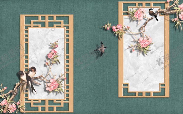 编号：55387410051018073553【酷图网】源文件下载-新中式花鸟浮雕电视背景墙