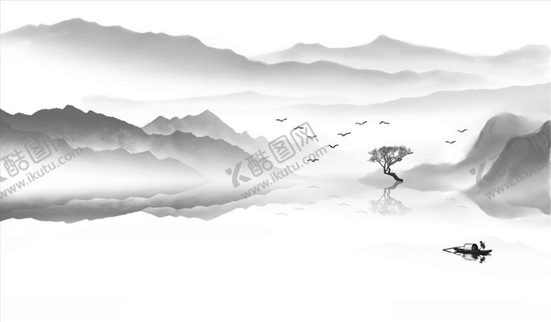 编号：57970605141713456330【酷图网】源文件下载-水墨山水小船背景墙