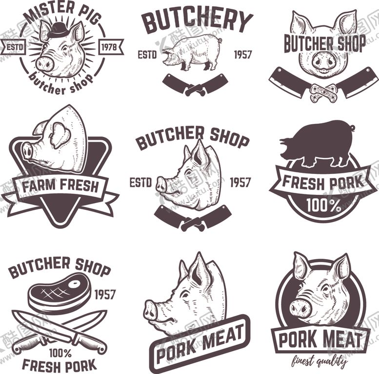 编号：41615704040113264396【酷图网】源文件下载-复古风猪肉相关标志设计