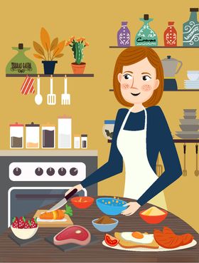 创意厨房中准备早餐的女子