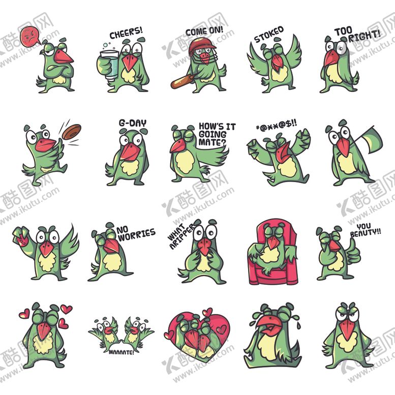 编号：19666909290816338805【酷图网】源文件下载-可爱手绘卡通漫画鹦鹉表情包