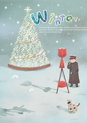 圣诞场景雪天唯美水彩风插画