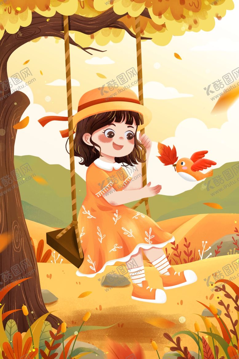 编号：36949601241105563939【酷图网】源文件下载-秋天荡秋千女孩插图