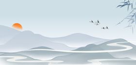 日出山水间国风背景