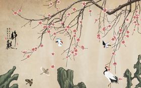 静观新中式仙鹤山水背景墙