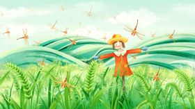 田野中张开双臂的红衣女孩