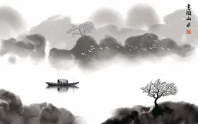 水墨背景山装饰画山画展圆形山画