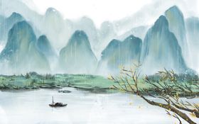 国潮风景插画 山水 锦鲤