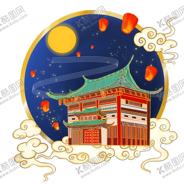 编号：37318407051144033070【酷图网】源文件下载-中秋古典建筑手绘工笔风建筑插画