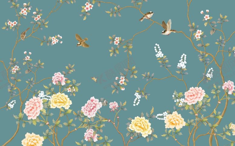 编号：74125309220747361097【酷图网】源文件下载-工笔花鸟背景墙装饰画