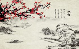新中式梅花山水背景墙