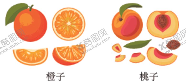 编号：57981812080518334474【酷图网】源文件下载-橙子、桃子水果矢量切片