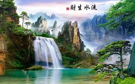 流水生财荷花国潮来袭抽象中国风