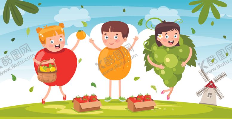 编号：57935911010641046990【酷图网】源文件下载-卡通穿水果服装的儿童