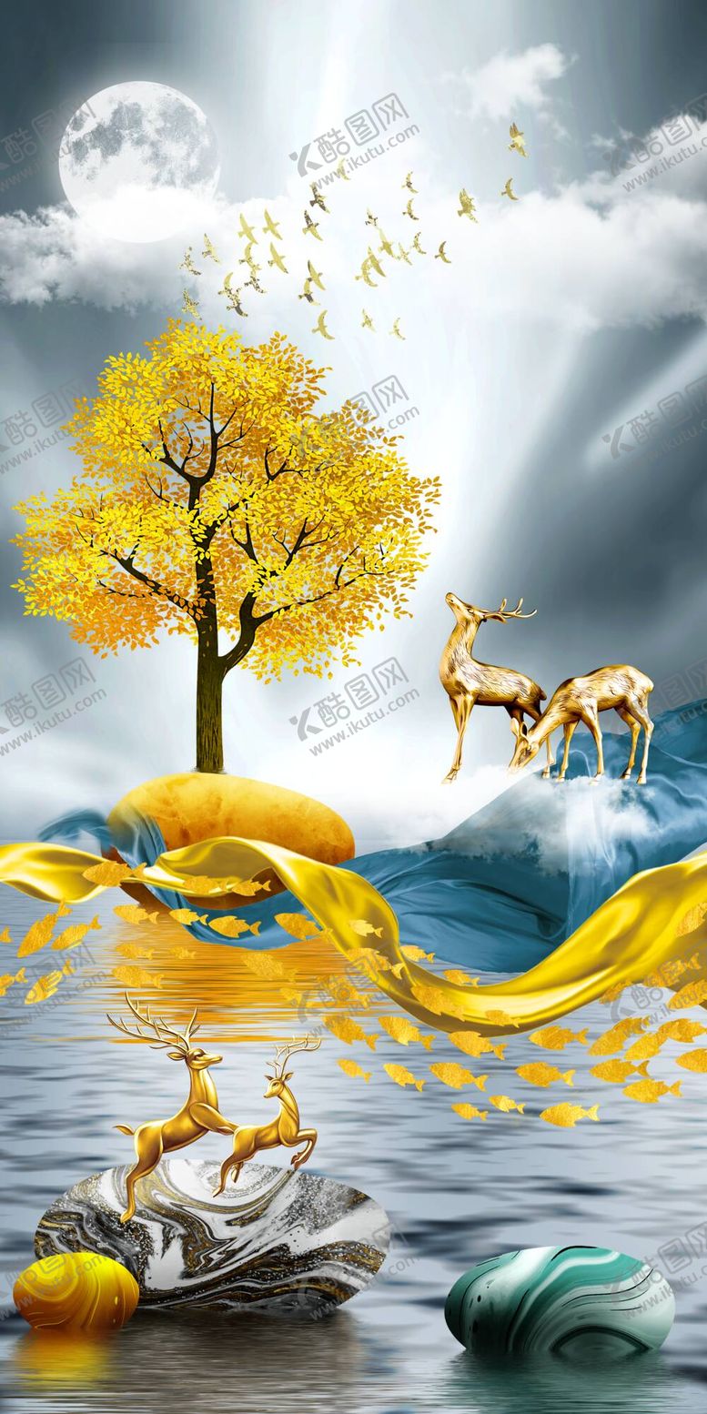 编号：23745909120026531964【酷图网】源文件下载-麋鹿山水转运石玄关