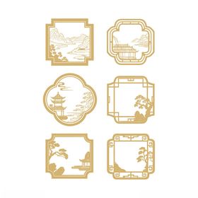 中式线描山纹小院树中国风边框标