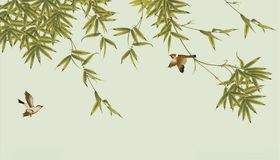 花鸟画小船竹子背景墙