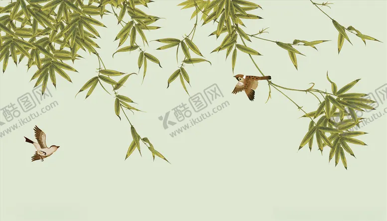 编号：26488005020300279471【酷图网】源文件下载-花鸟画竹子飞鸟背景墙