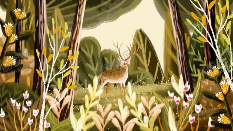 编号：87113110291342422333【酷图网】源文件下载-手绘复古动物画鹿