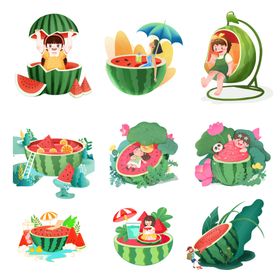 西瓜主题夏日场景插画