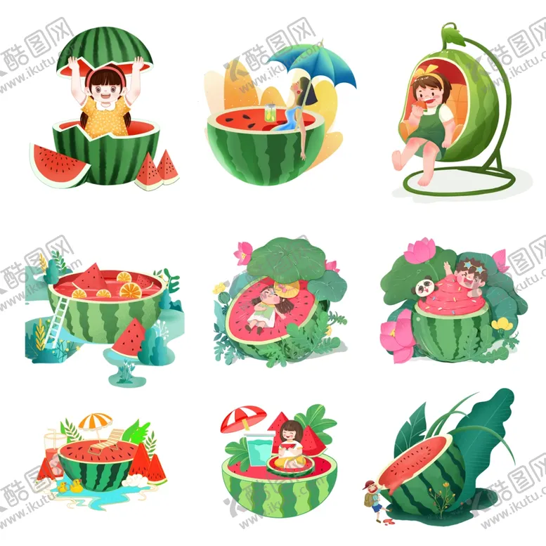 编号：51378506292340237788【酷图网】源文件下载-夏日西瓜主题趣味插画