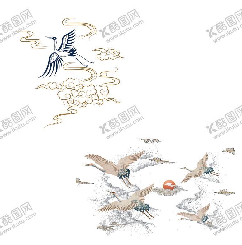编号：78206409160752343016【酷图网】源文件下载-国风国潮元素浮世绘云纹仙鹤