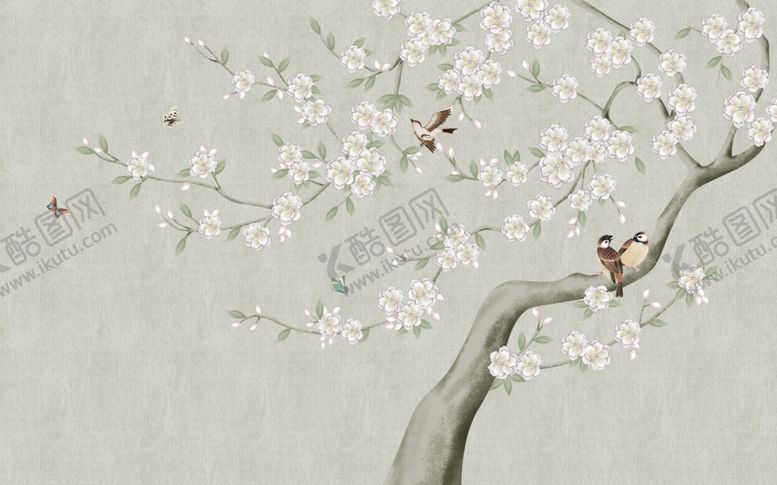编号：28185606270237411585【酷图网】源文件下载-花鸟画梨花飞鸟背景墙
