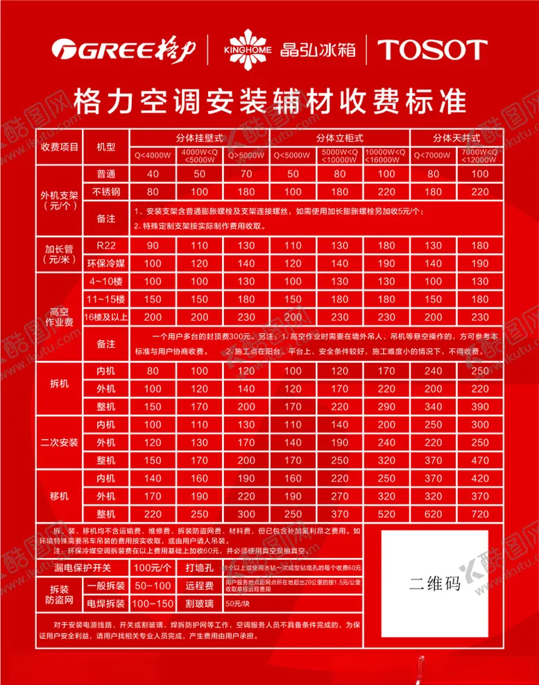 编号：74149104192032328320【酷图网】源文件下载-格力空调安装辅材收费标准