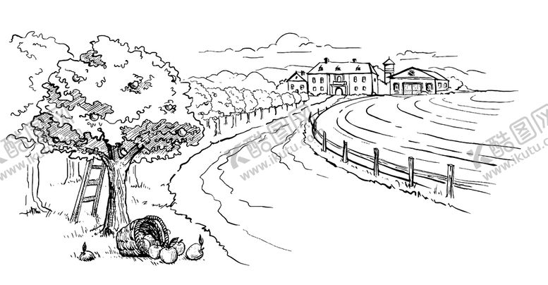 编号：61784009240405575813【酷图网】源文件下载-苹果园线描插画背景