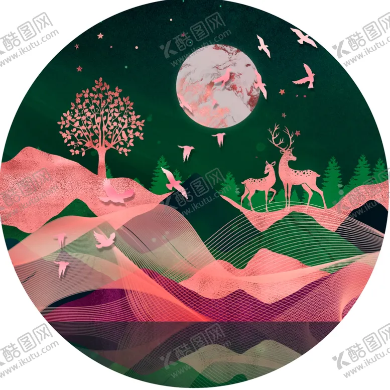 编号：25380801250434575252【酷图网】源文件下载-麋鹿山脉中式圆形挂画装饰画
