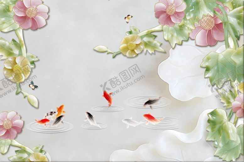 编号：36447610241328543557【酷图网】源文件下载-牡丹玉兰彩雕九鱼图家和电视背景