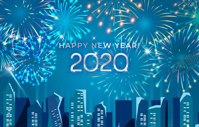 编号：36625709121822297110【酷图网】源文件下载-2020年蓝色城市烟花贺卡矢量