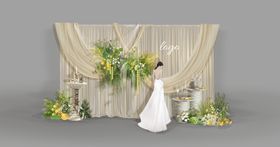 香槟色布幔白绿黄色迎宾区