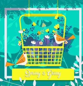 创意春季花篮和鸟