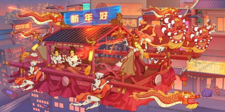 编号：98814501260146551005【酷图网】源文件下载-国潮新年舞龙插画 
