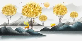 山水麋鹿装饰画