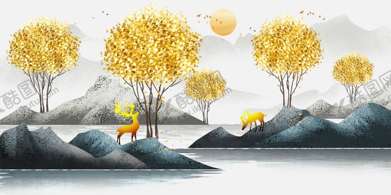 编号：96989210311539391426【酷图网】源文件下载-山水麋鹿装饰画