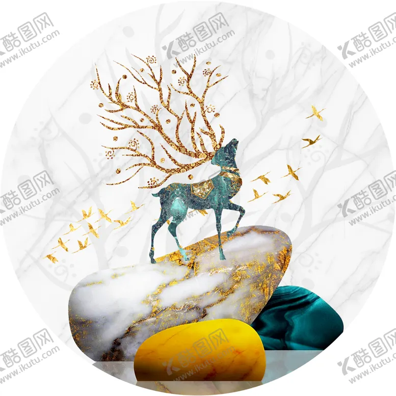 编号：12516903091744473690【酷图网】源文件下载-抽象发财麋鹿石头圆形装饰画